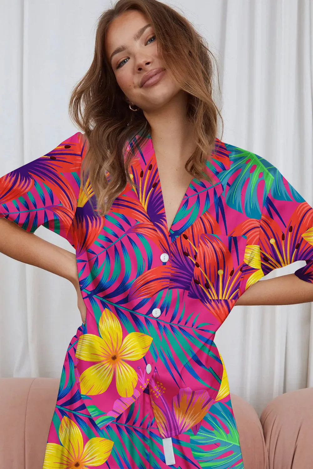 Tropical Fiesta – Bold Floral Paradise Satin Pajama Set