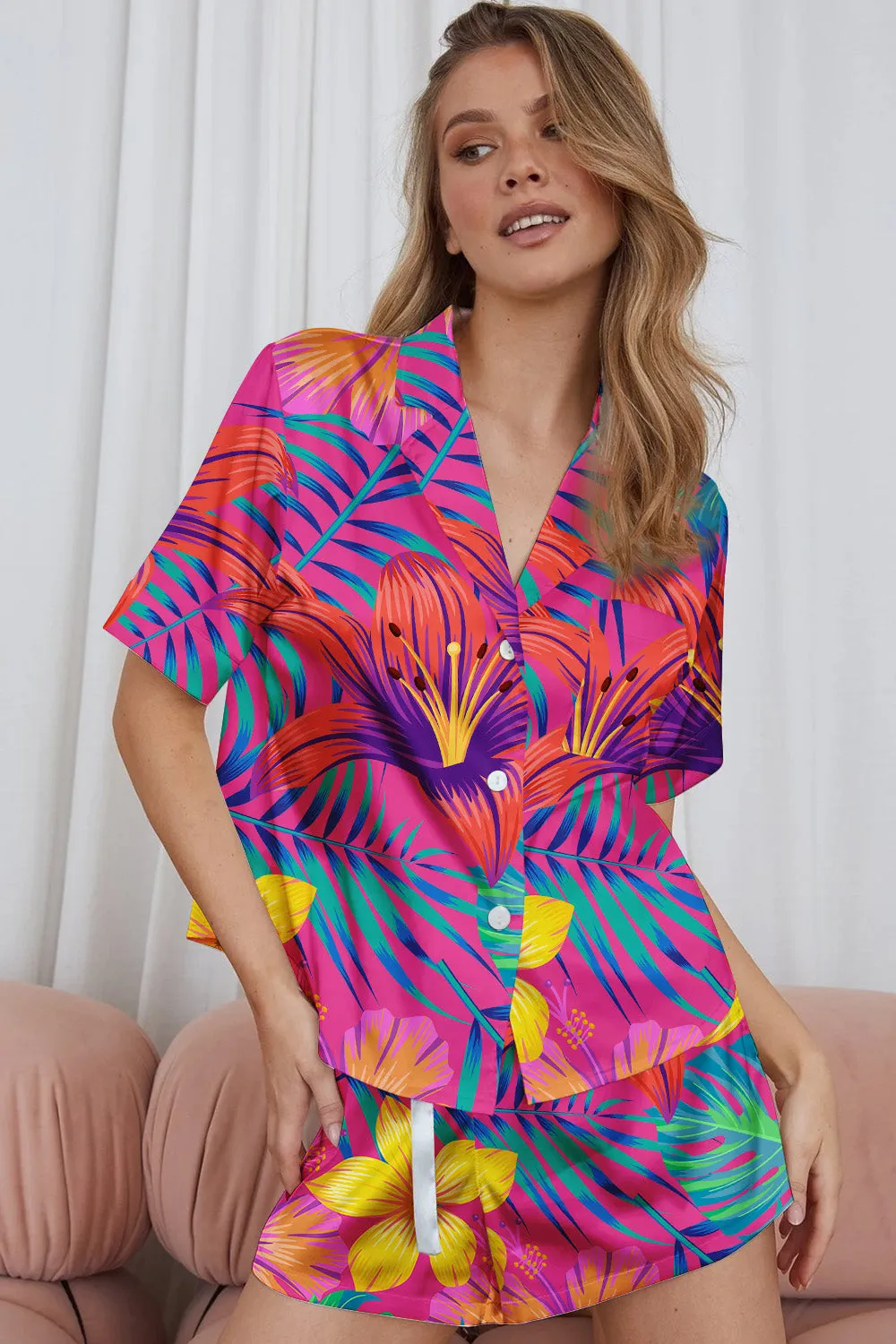 Tropical Fiesta – Bold Floral Paradise Satin Pajama Set