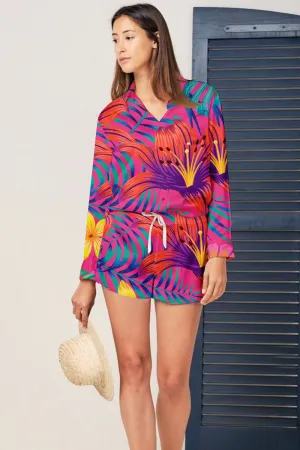 Tropical Fiesta – Bold Floral Paradise Satin Pajama Set