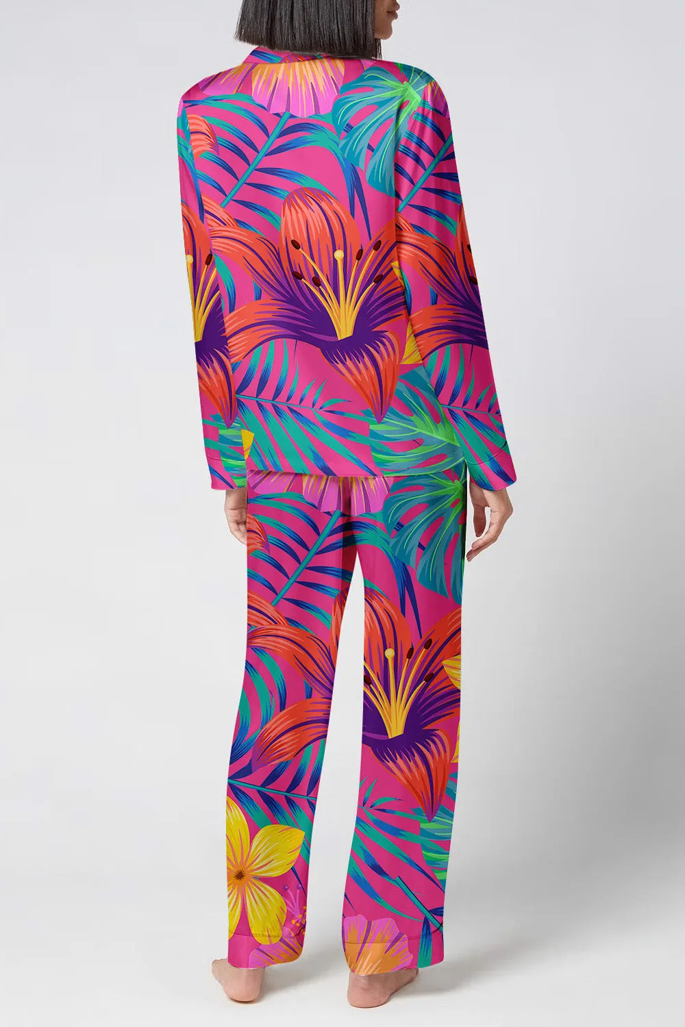 Tropical Fiesta – Bold Floral Paradise Satin Pajama Set
