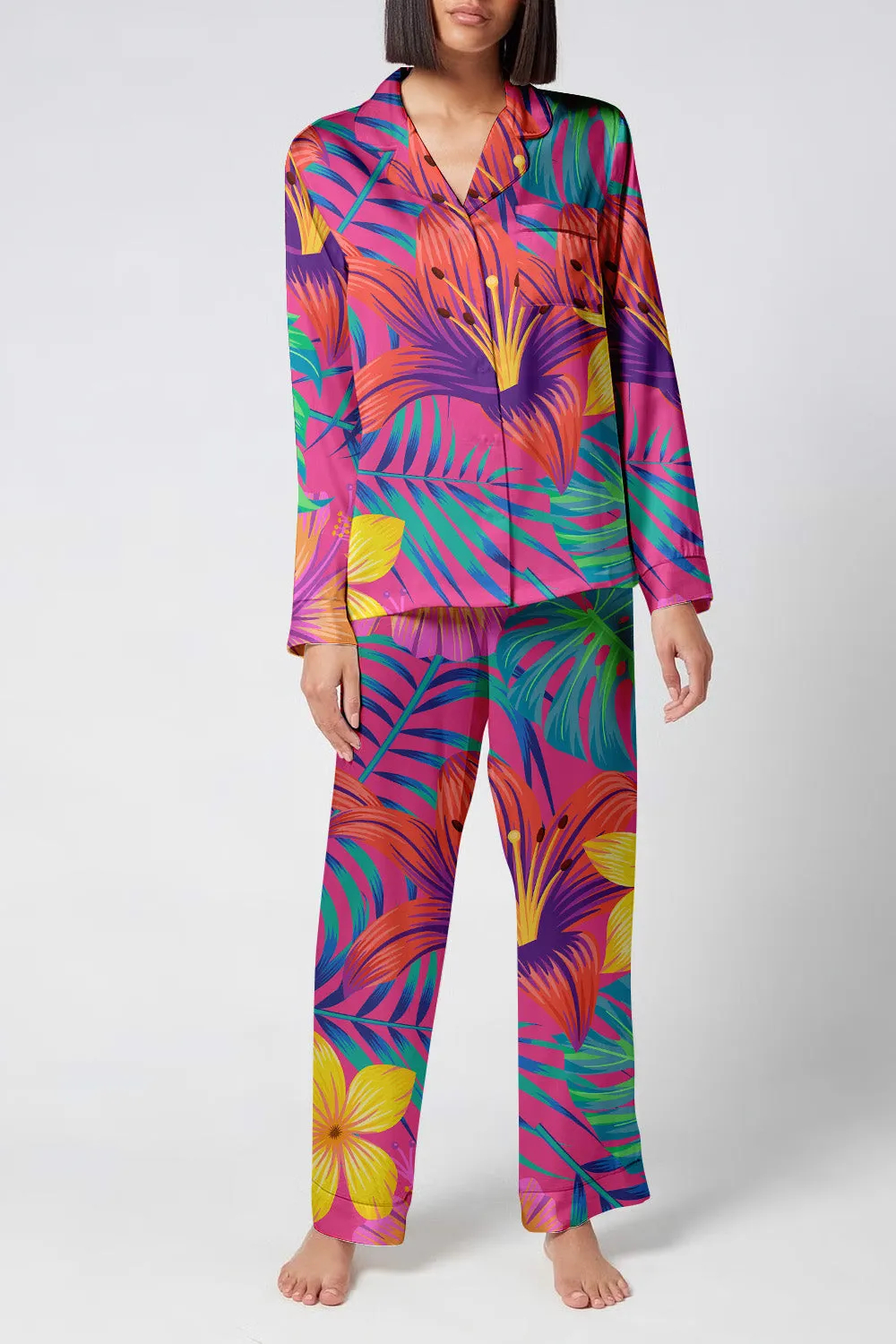 Tropical Fiesta – Bold Floral Paradise Satin Pajama Set