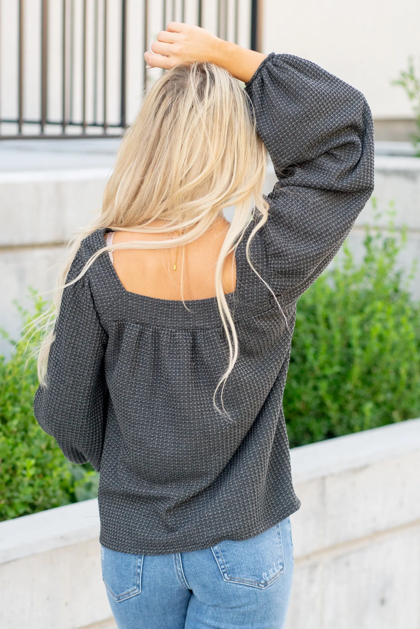 Two Tone Waffle Square Neck Shirred Top - Black