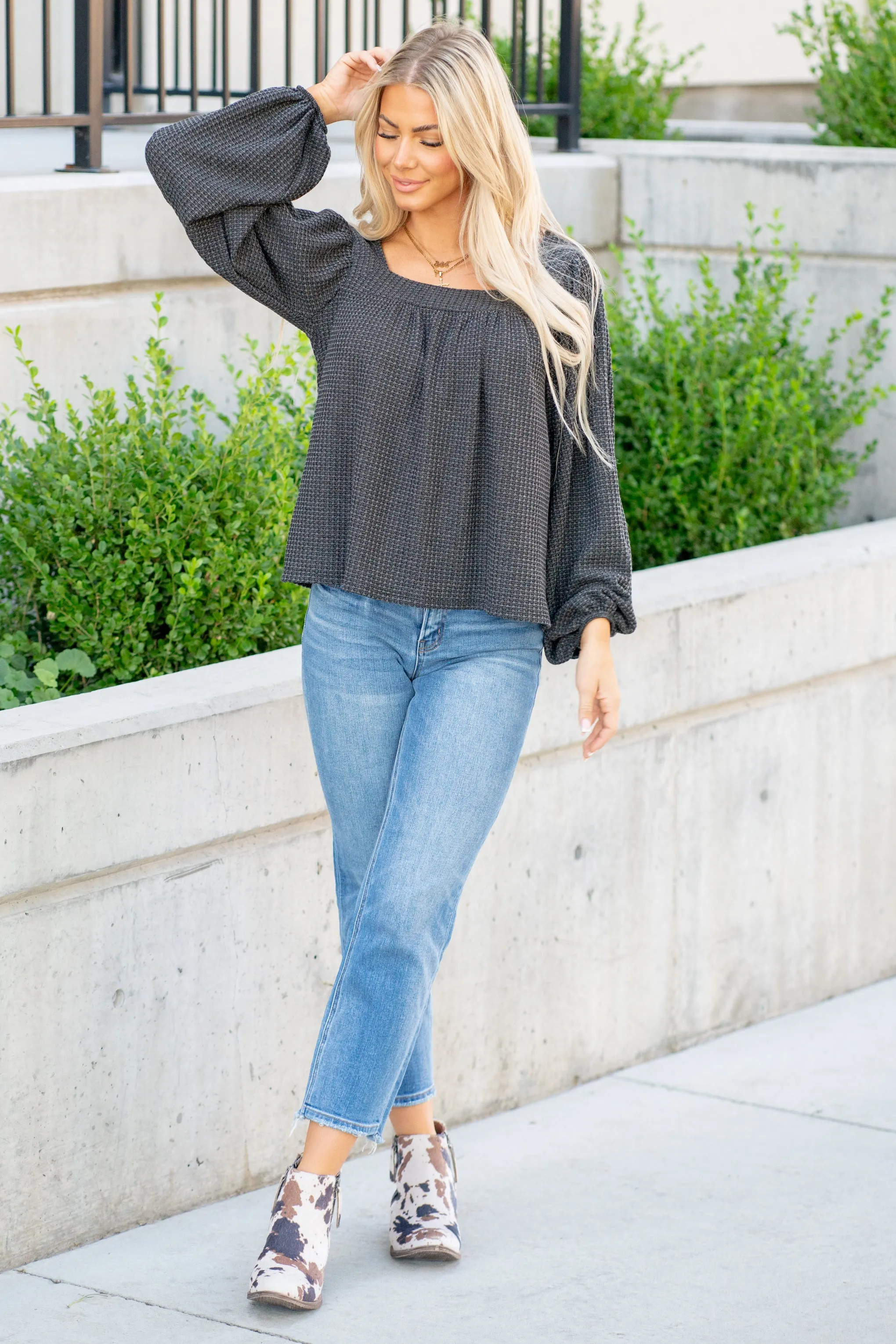 Two Tone Waffle Square Neck Shirred Top - Black