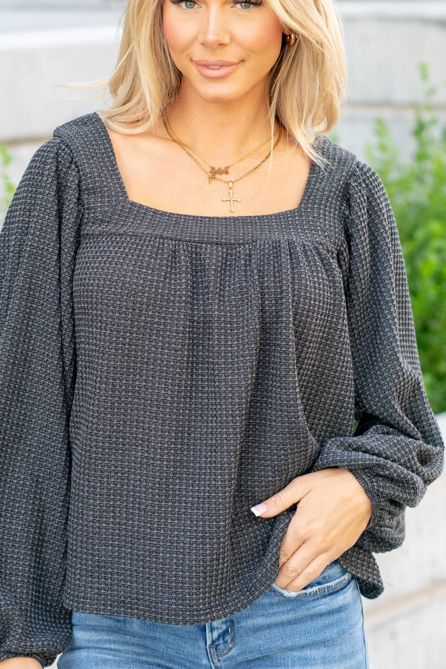Two Tone Waffle Square Neck Shirred Top - Black