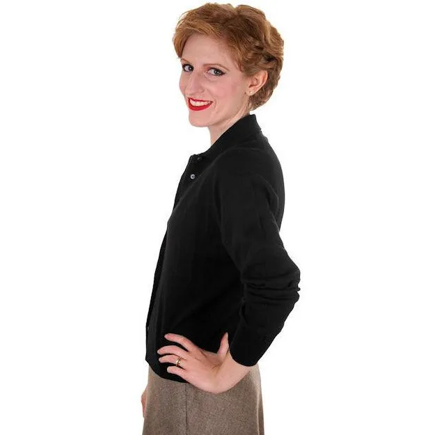 Vintage Ladies Wool Sweater Black Romana Italy Great Details 1950s Small