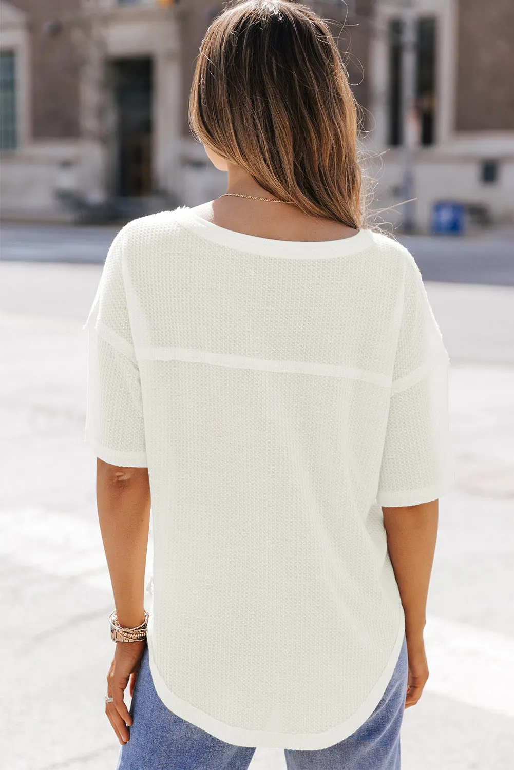 Waffle Knit Drop Shoulder Loose Top