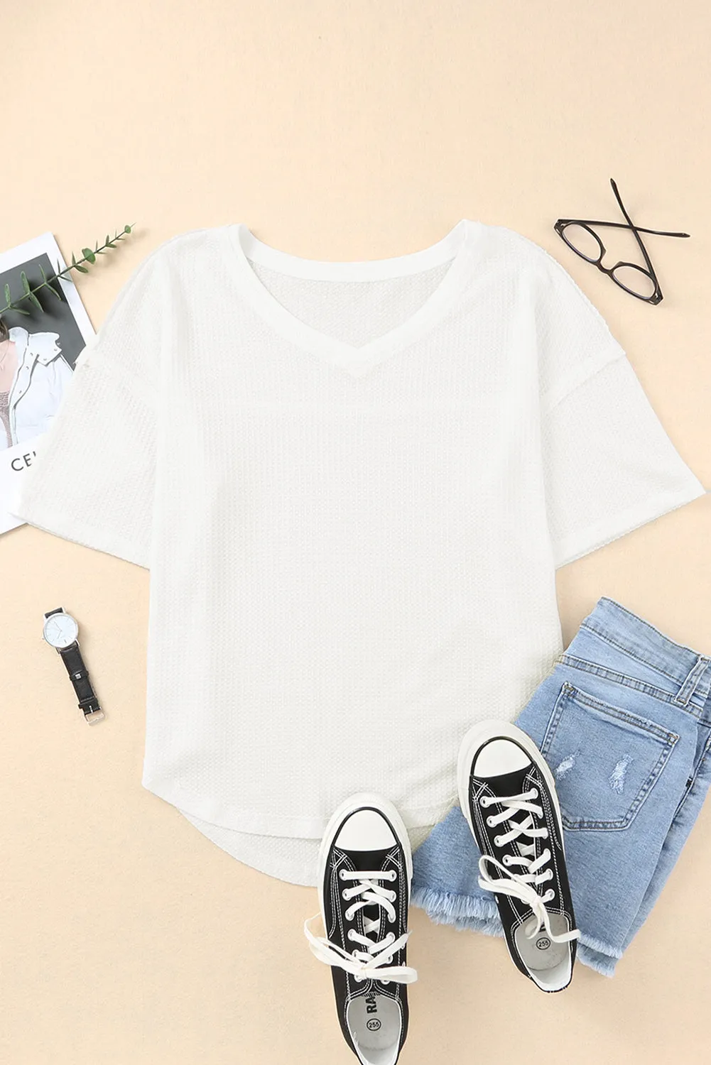 Waffle Knit Drop Shoulder Loose Top