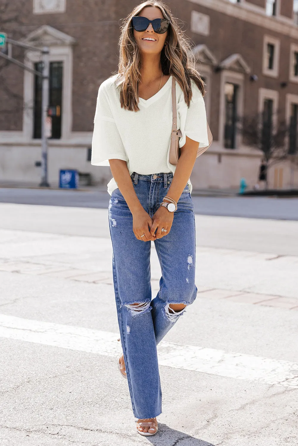 Waffle Knit Drop Shoulder Loose Top