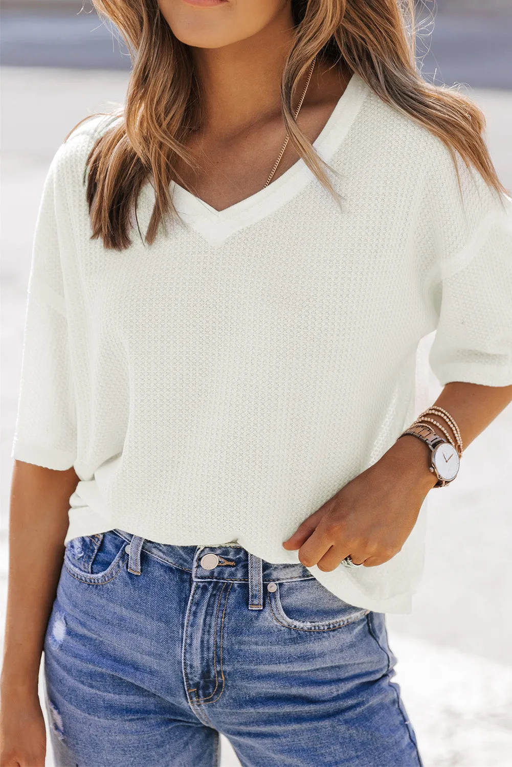 Waffle Knit Drop Shoulder Loose Top