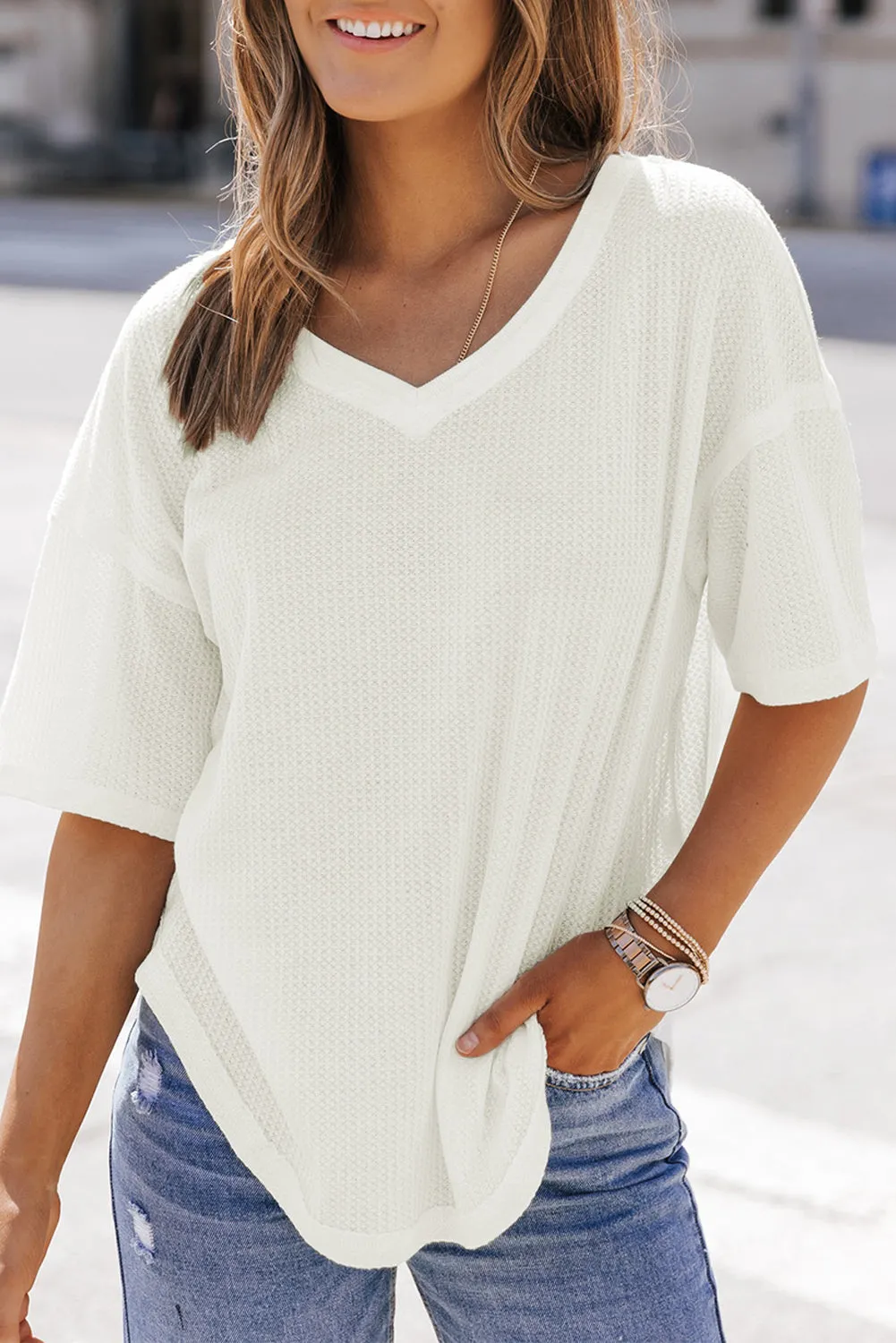 Waffle Knit Drop Shoulder Loose Top