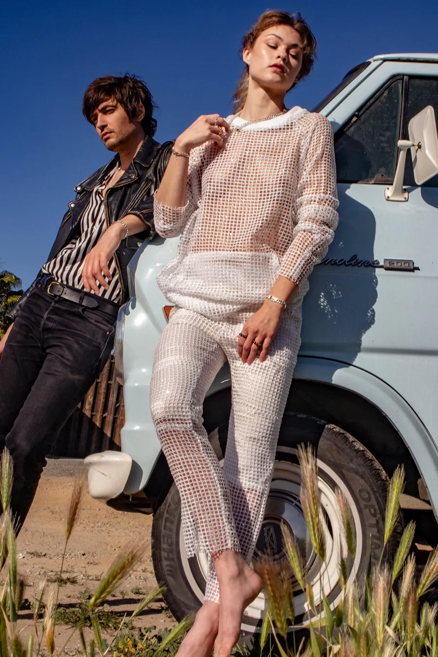 White Sequin crochet Crewneck