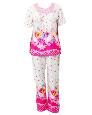 White With Red Flower Printed Nightwear Suit 2Pc - 25.1 Women Nightdress