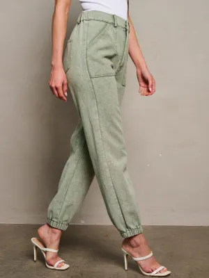 WOMEN'S BUTTON CLOSURE POCKETS DENIM JOGGER LEG PANTS