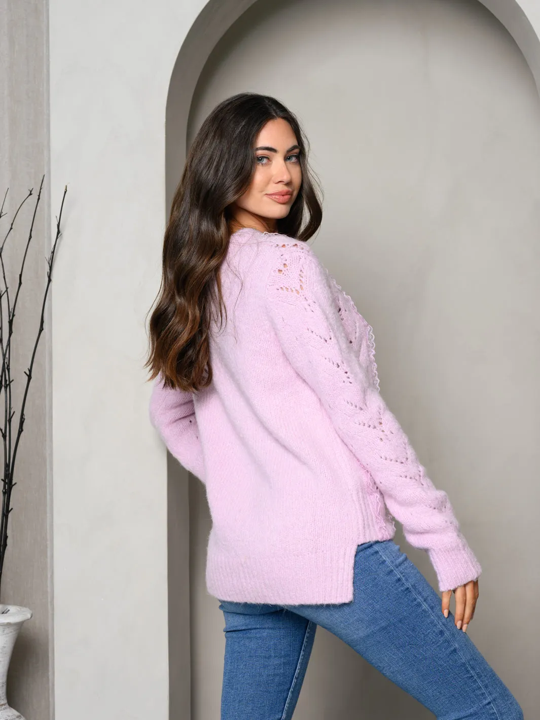 WOMEN'S LONG SLEEVE KNIT LACE FRONT DETAILED SWEATER
