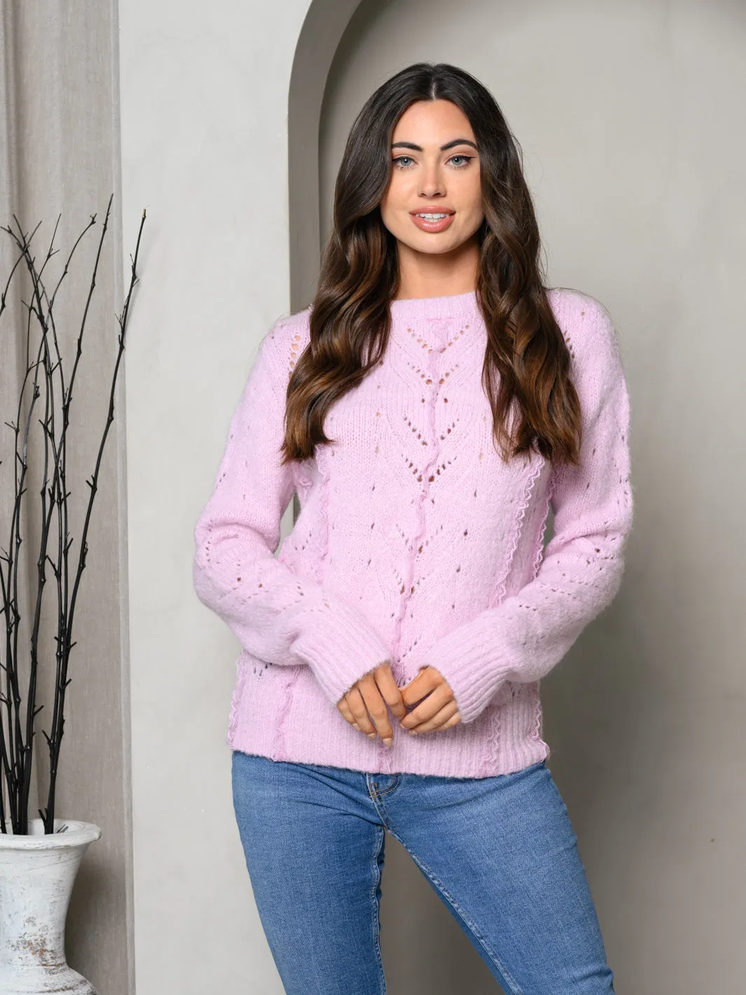 WOMEN'S LONG SLEEVE KNIT LACE FRONT DETAILED SWEATER