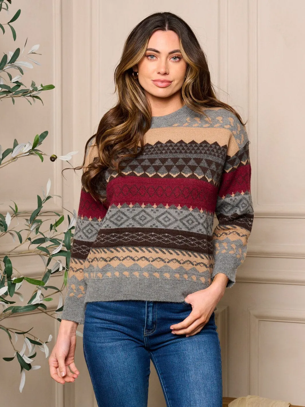 WOMENS LONG SLEEVE PULLOVER COLORBLOCK MULTI PRINT SWEATER