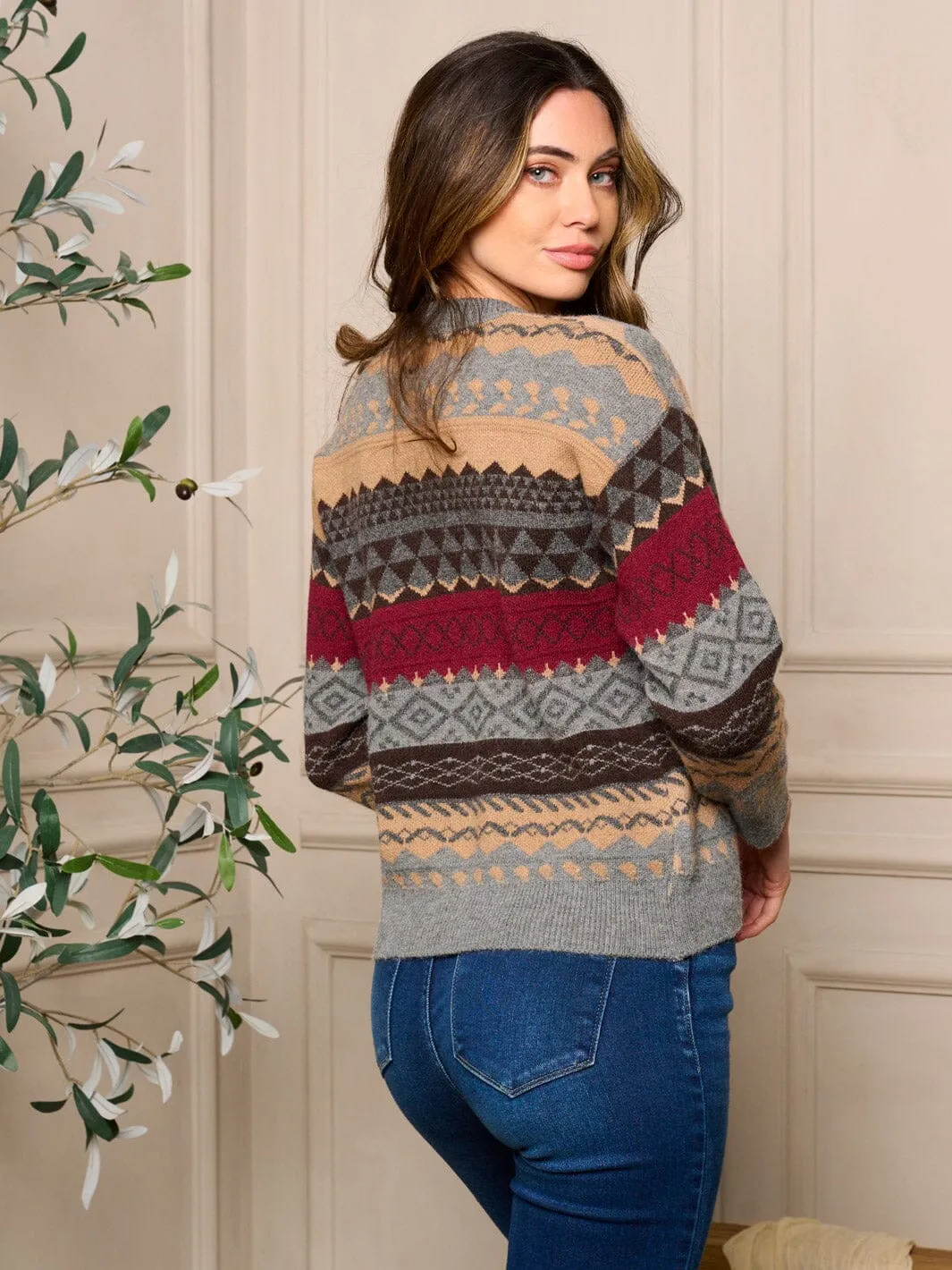 WOMENS LONG SLEEVE PULLOVER COLORBLOCK MULTI PRINT SWEATER