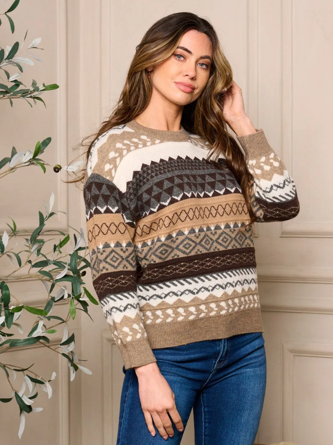 WOMENS LONG SLEEVE PULLOVER COLORBLOCK MULTI PRINT SWEATER