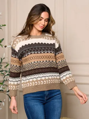 WOMENS LONG SLEEVE PULLOVER COLORBLOCK MULTI PRINT SWEATER