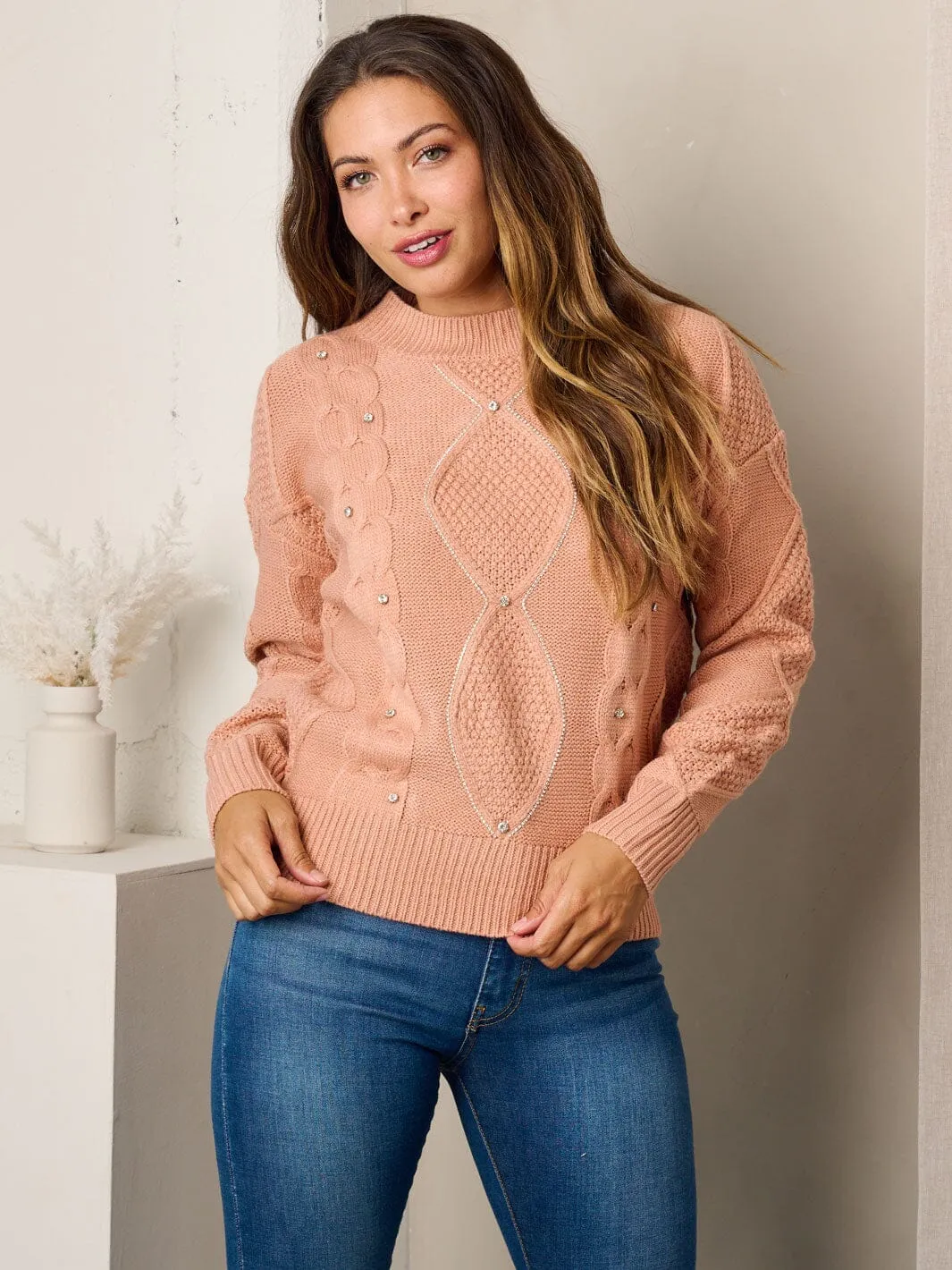 WOMEN'S LONG SLEEVE STUDS DETAILED KNIT SWEATER