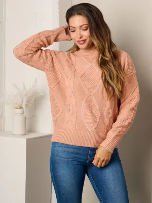 WOMEN'S LONG SLEEVE STUDS DETAILED KNIT SWEATER