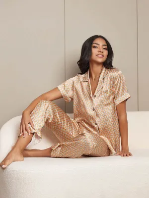 Zuivere Zijde Geometrisch Korte Mouw Dames Pyjama Set