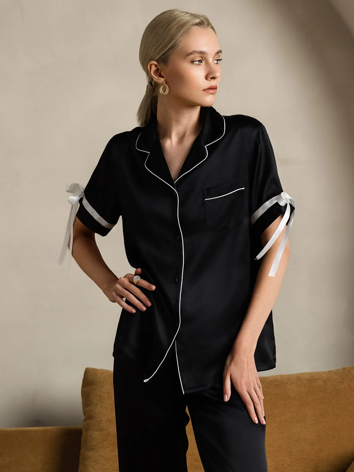 Zuivere Zijde Korte Mouw Broek Pyjama Set