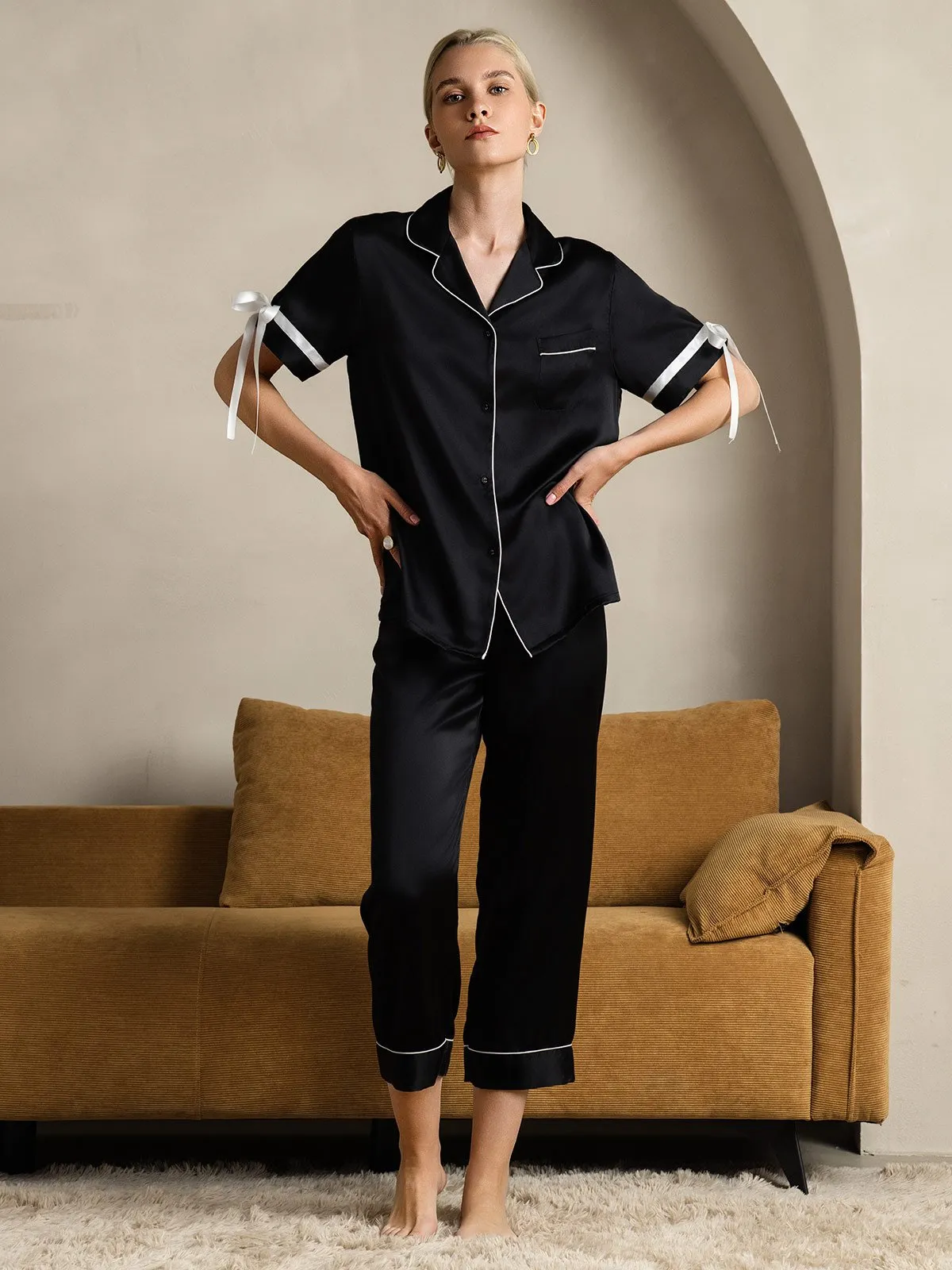 Zuivere Zijde Korte Mouw Broek Pyjama Set