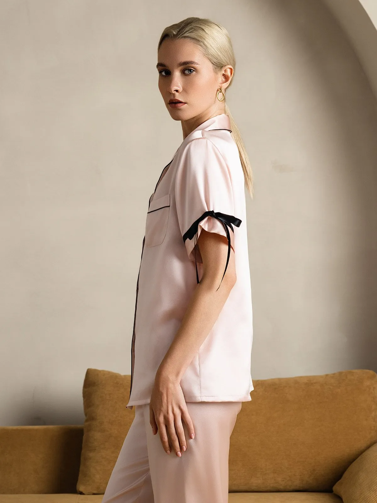 Zuivere Zijde Korte Mouw Broek Pyjama Set
