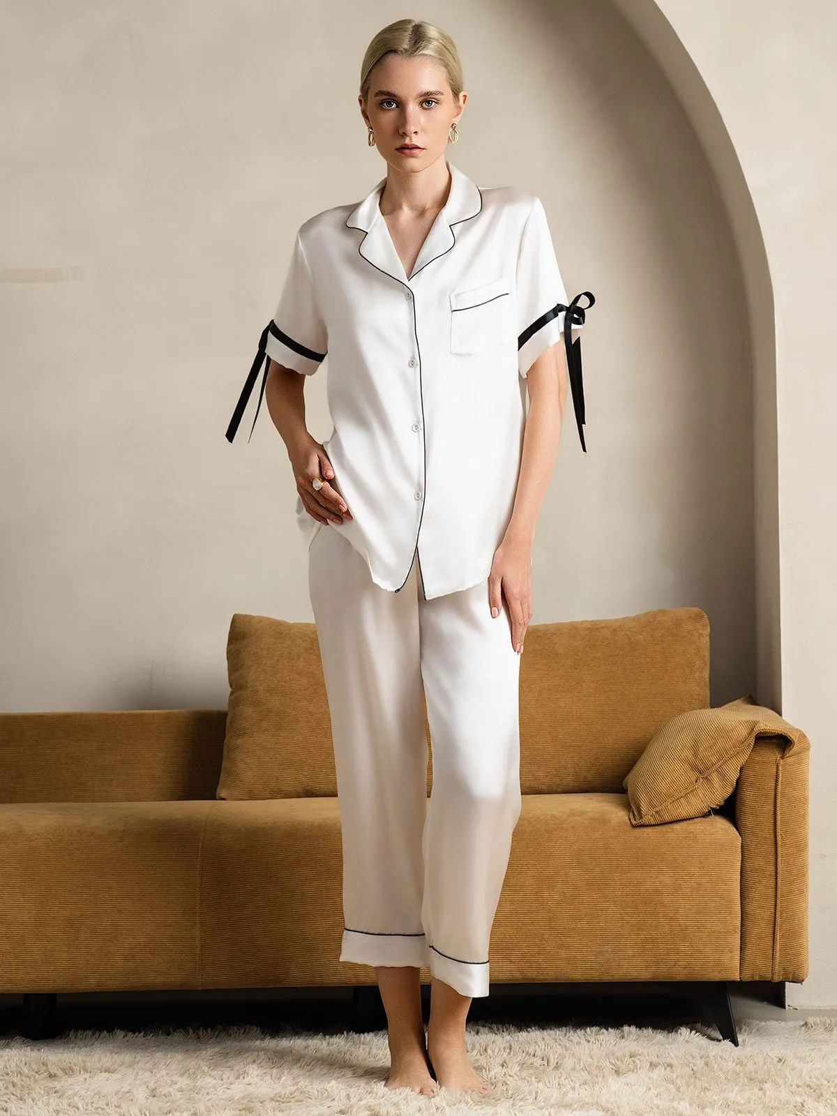 Zuivere Zijde Korte Mouw Broek Pyjama Set