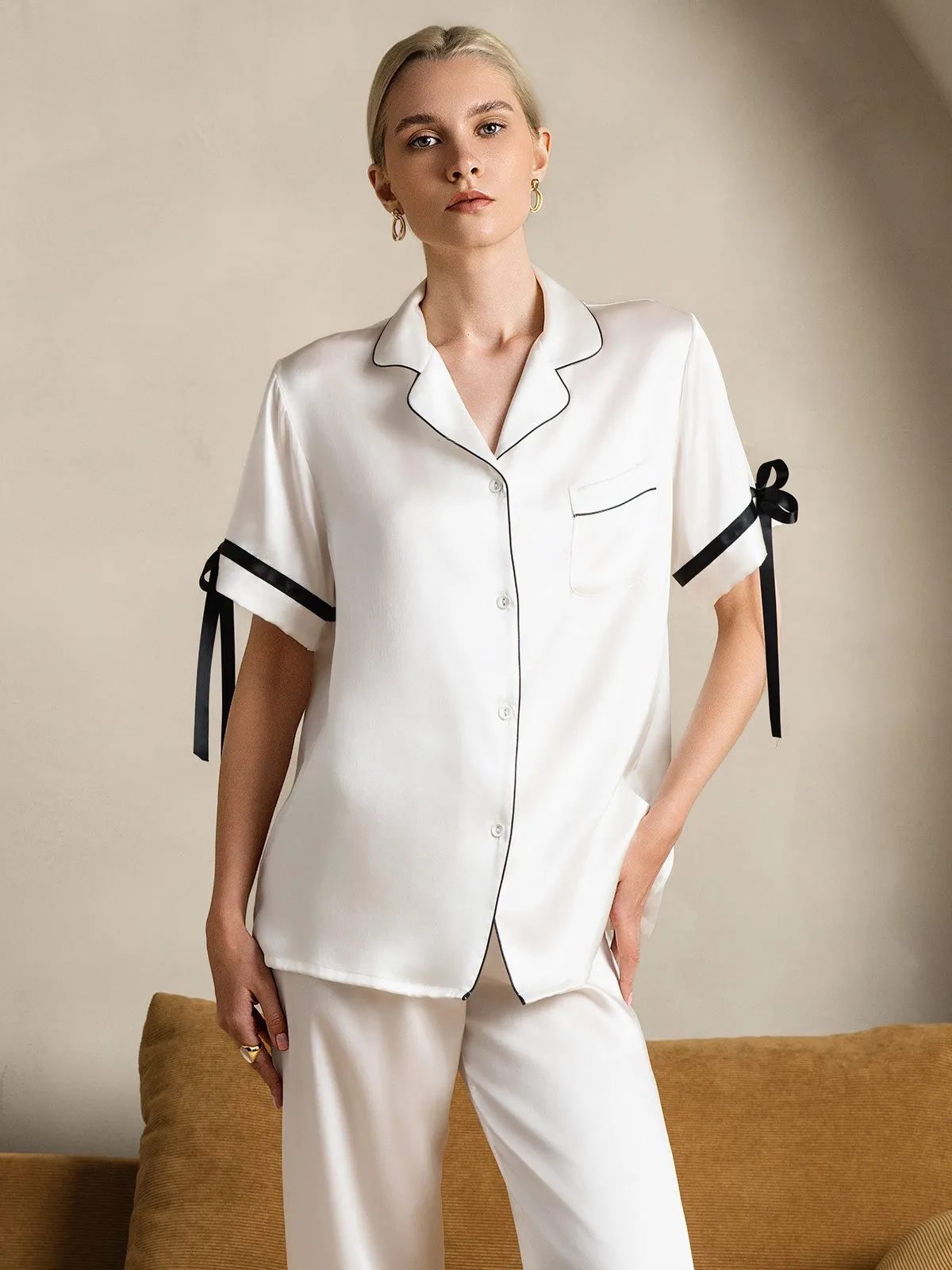 Zuivere Zijde Korte Mouw Broek Pyjama Set