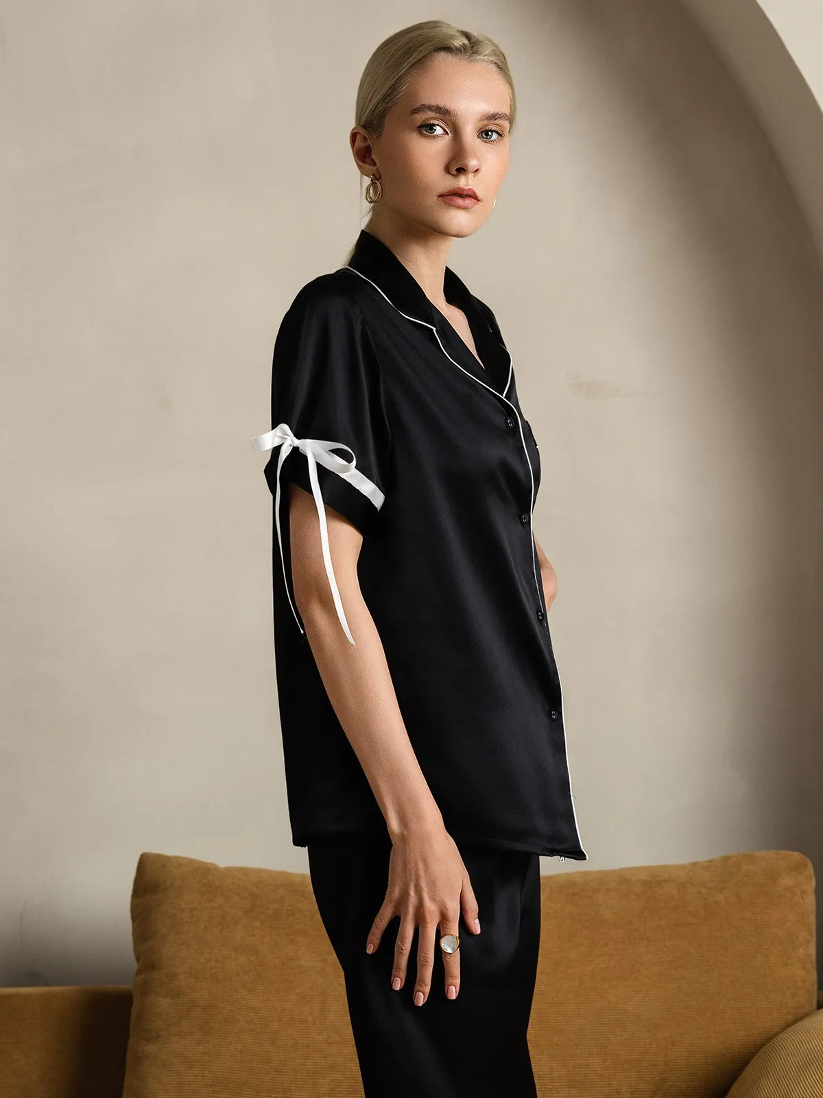 Zuivere Zijde Korte Mouw Broek Pyjama Set