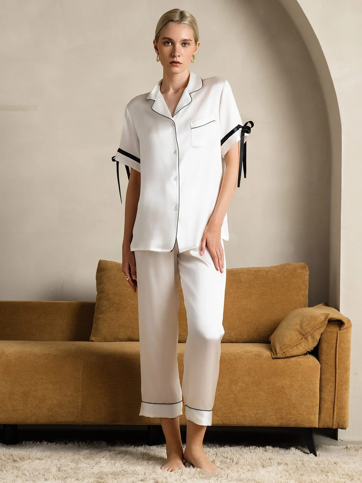 Zuivere Zijde Korte Mouw Broek Pyjama Set