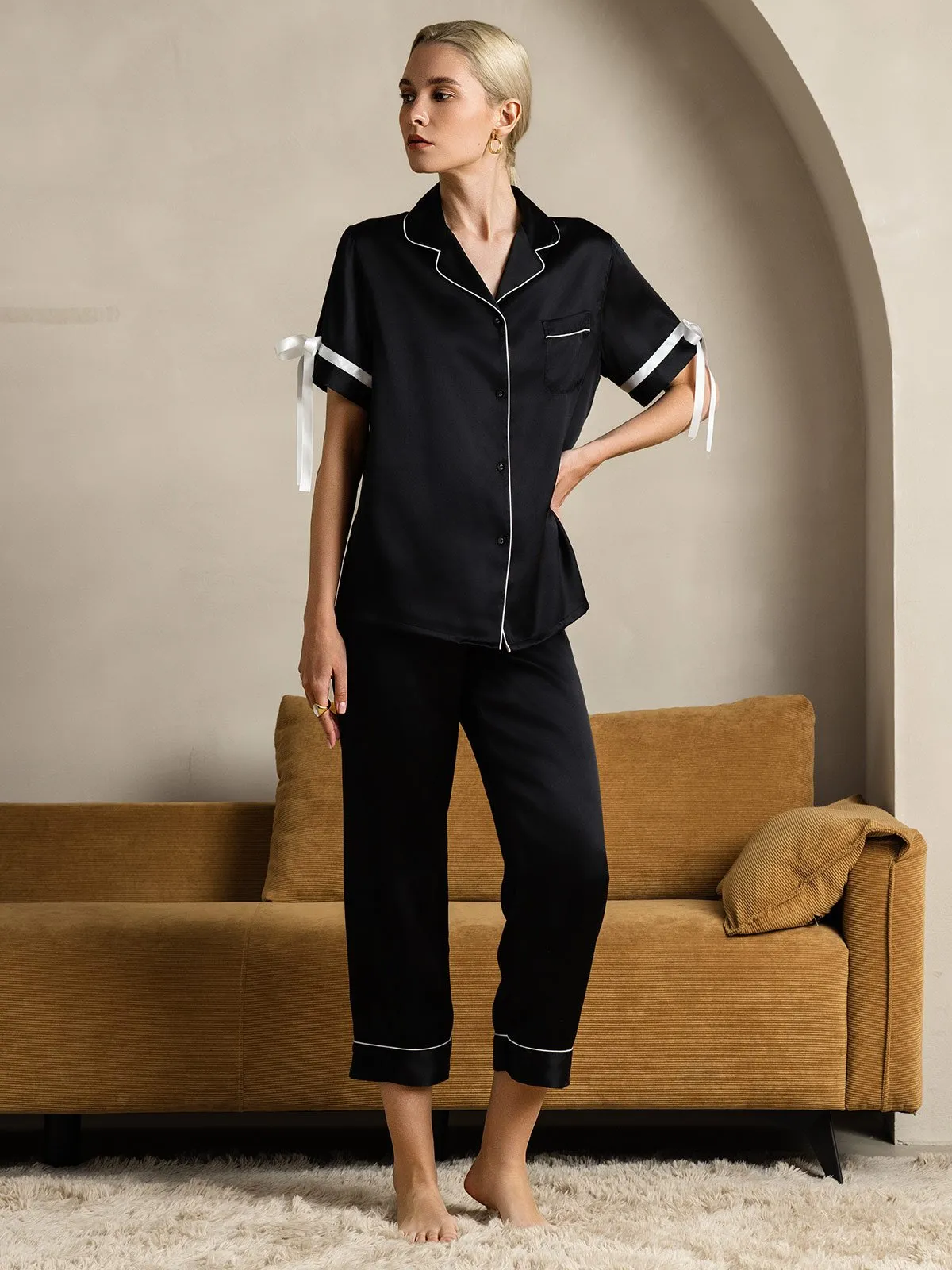 Zuivere Zijde Korte Mouw Broek Pyjama Set