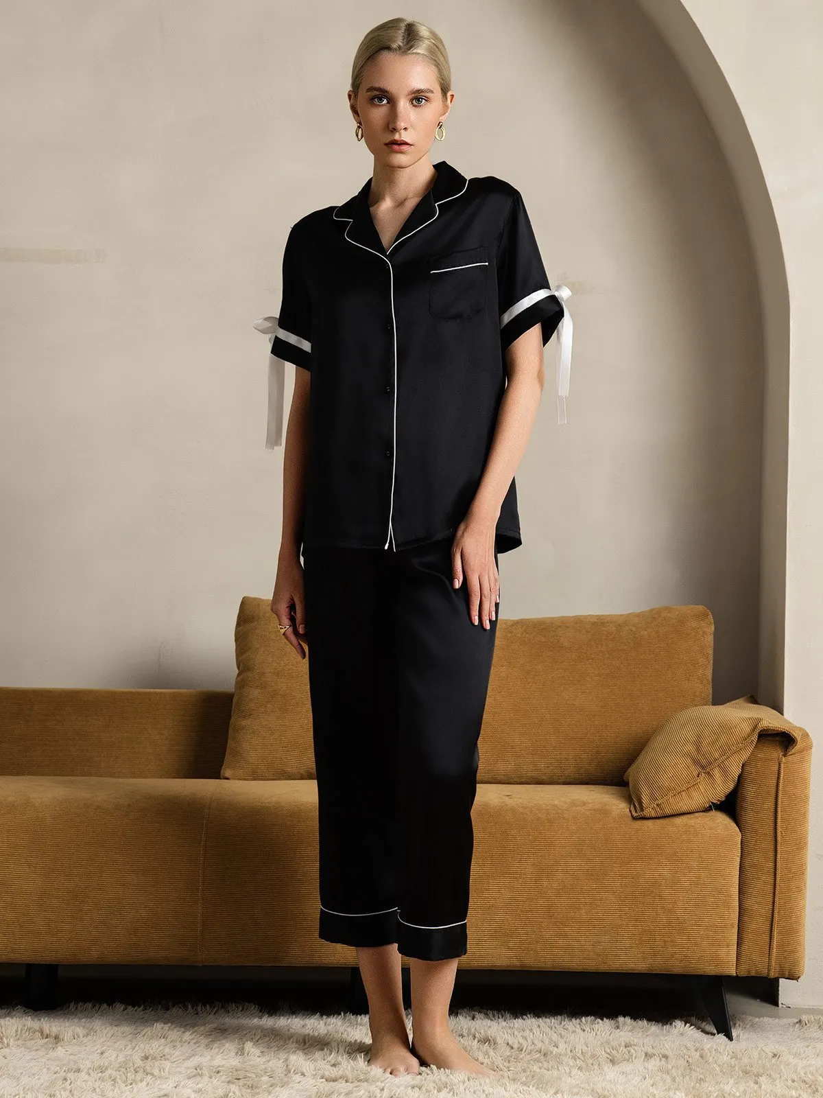 Zuivere Zijde Korte Mouw Broek Pyjama Set