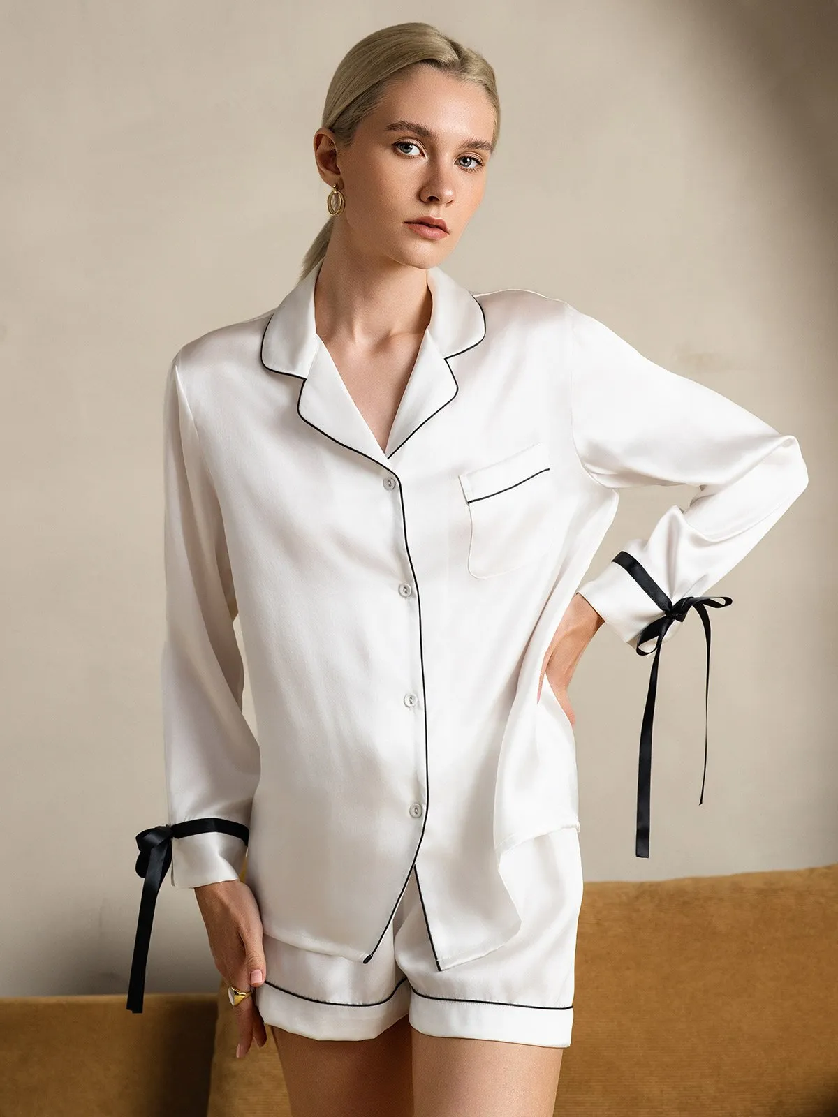 Zuivere Zijde Lange Mouw Shorts Pyjama Set