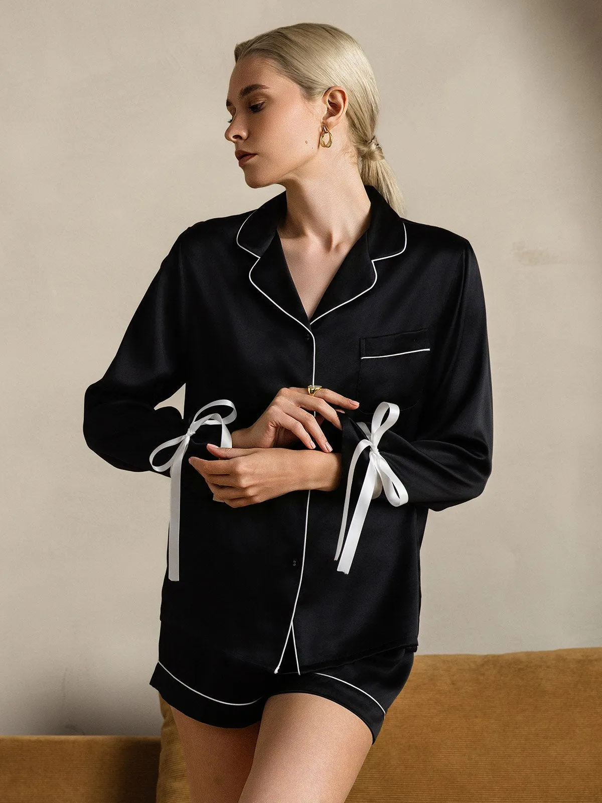 Zuivere Zijde Lange Mouw Shorts Pyjama Set