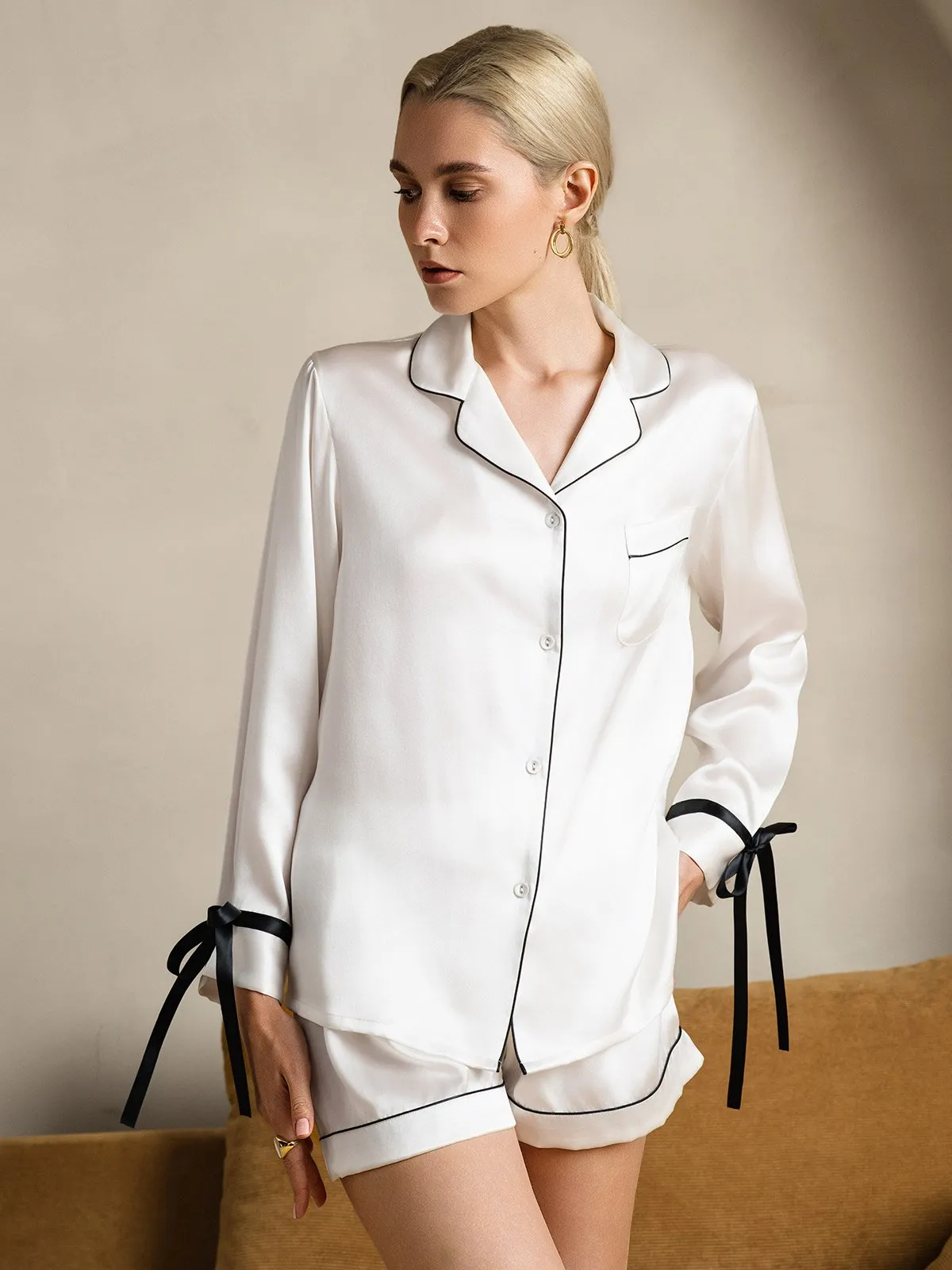 Zuivere Zijde Lange Mouw Shorts Pyjama Set
