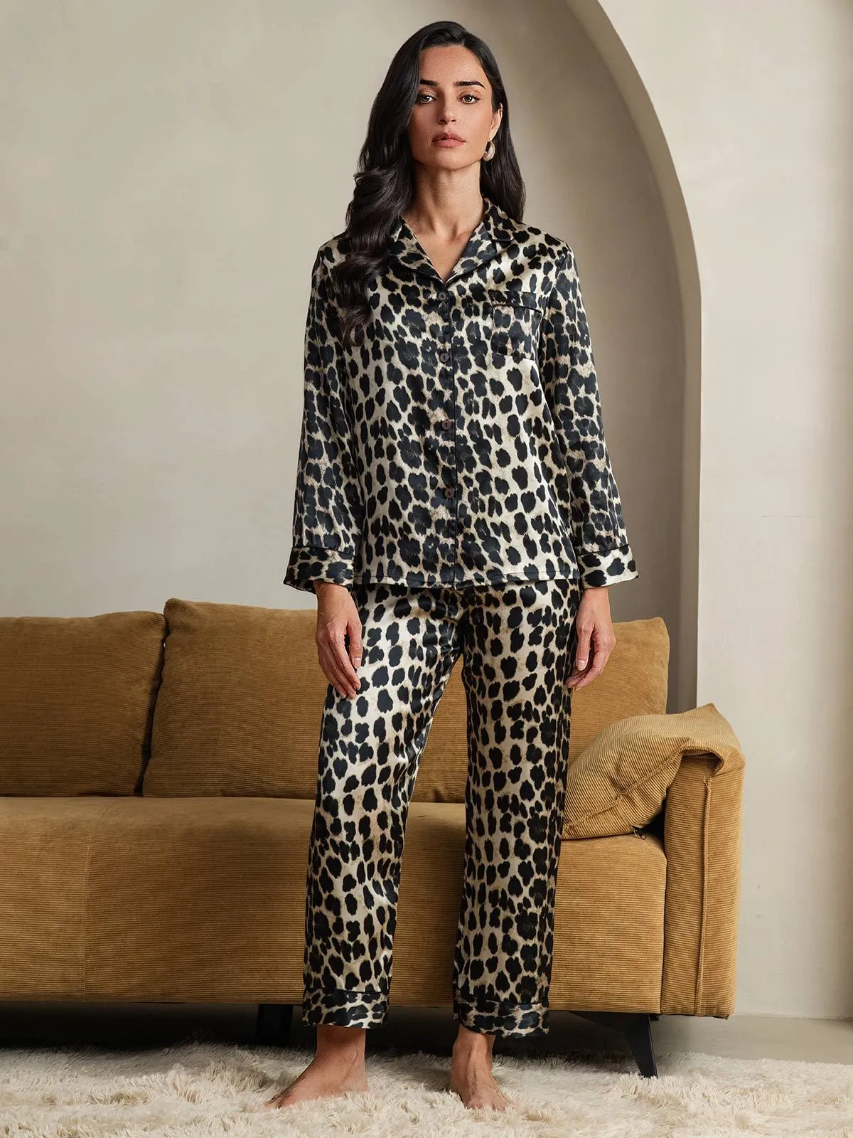 Zuivere Zijde Luipaardprint Lange Mouw Broek Pyjama