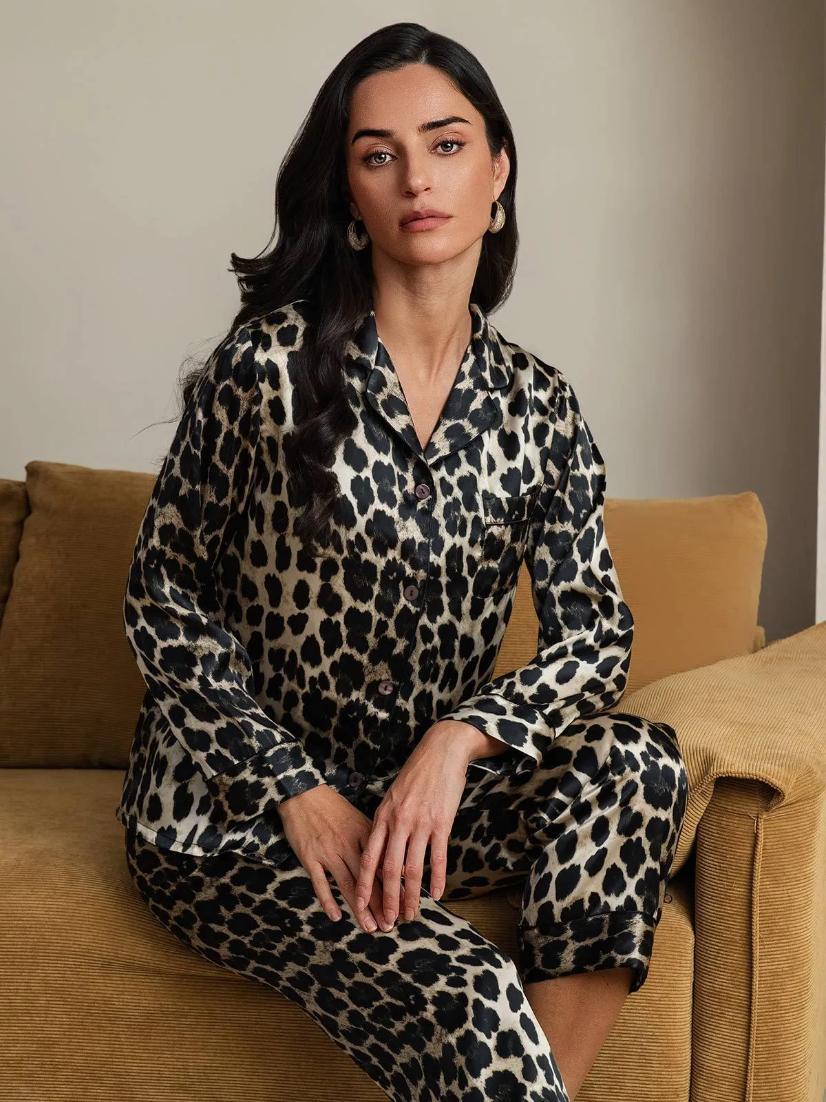 Zuivere Zijde Luipaardprint Lange Mouw Broek Pyjama