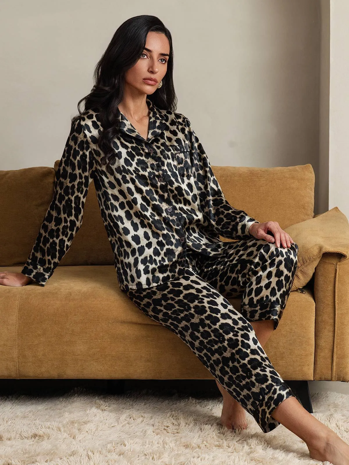 Zuivere Zijde Luipaardprint Lange Mouw Broek Pyjama